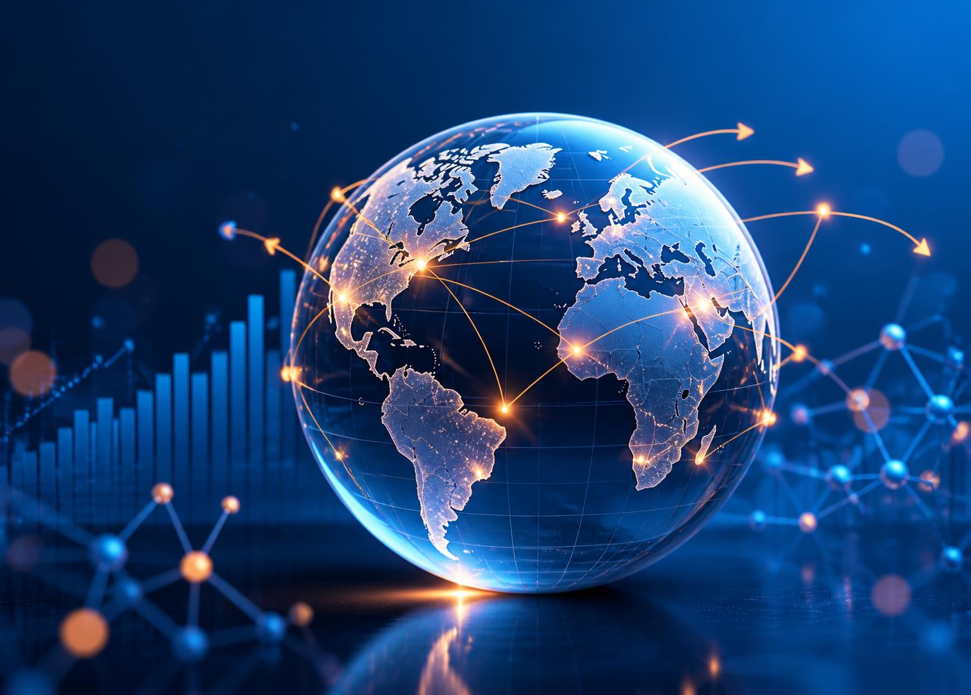Global brand growth concept showing a networked world globe with expansion arrows and rising growth charts